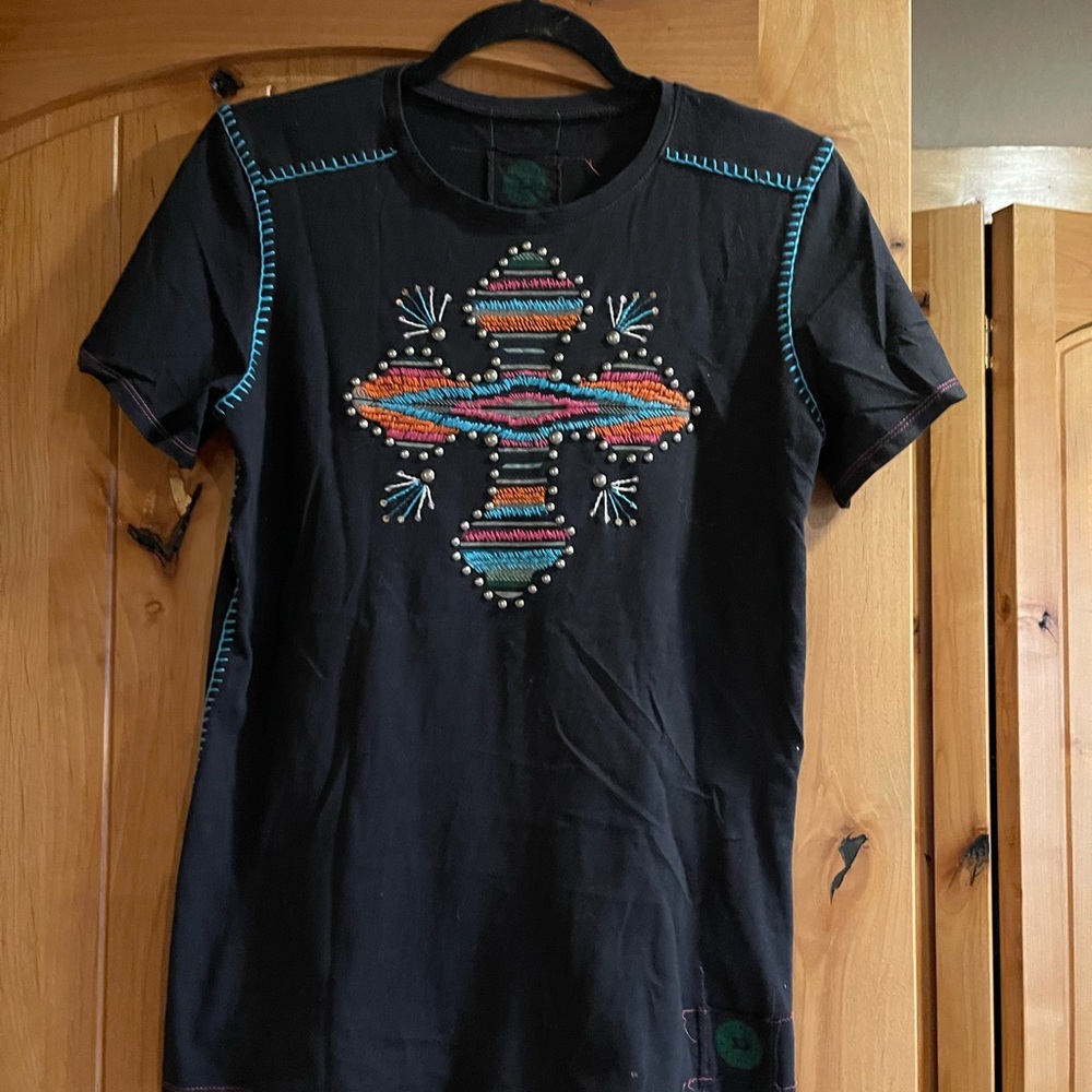 Black T-Shirt with Colorful Embroidery